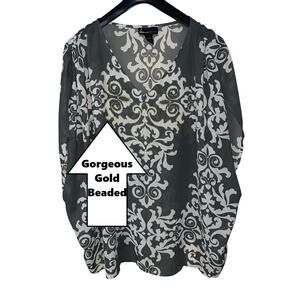 Lane Bryant Top Blouse Womens 4X Embellised Gold Beaded Crinkle Chiffon Dolman